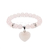 Natural Rose Quartz Round Beaded Stretch Bracelet with Heart Charm BJEW-JB09019-03-1