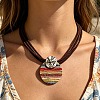 Bohemian Style Rainbow Wooden Oval Pendant Imitation Leather Cord Multi-Strand Necklaces for Women WG7D3BC-01-1