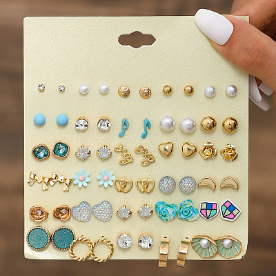 30Pairs Alloy & Plastic Pearl & Rhinestone Stud Earring Sets WGF62EF-09-1