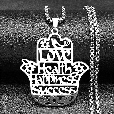 201 Stainless Steel Hollow Cut Hamsa Hand Pendant Necklaces NJEW-H065-07P-1