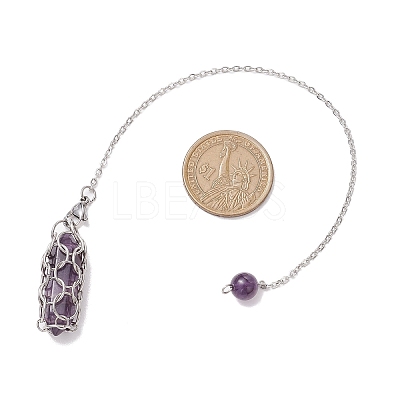 304 Stainless Steel Chain Macrame Pouch Bullet Natural Rose Quartz & Amethyst & Synthetic Turquoise Holder Dowsing Pendulums PALLOY-JF02881-1