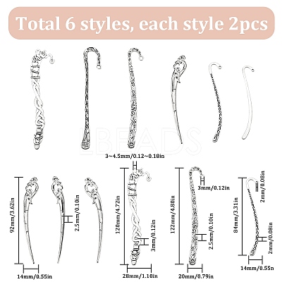 12Pcs 6 Style Tibetan Style Alloy Bookmarks Findings with Hole FIND-SC0006-56-1