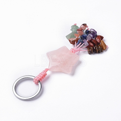 Rose Quartz Star with Mixed Gemstone Chips Beaded Tassel Keychains KEYC-P012-01P-08-1