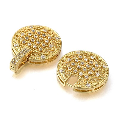 Rack Plating Flat Round Brass Micro Pave Clear Cubic Zirconia Fold Over Clasps KK-H512-08G-1