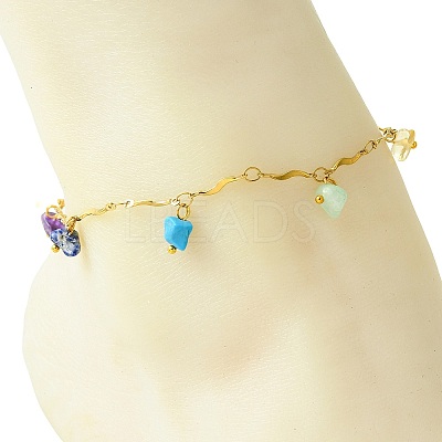 7 Chakra Gemstone Chip Charm 304 Stainless Steel Wavy Bar Link Chain Anklets for Women AJEW-AN00884-1