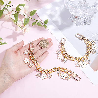2Pcs Alloy Enamel White Flower Pendant Aluminum Curb Chain Bag Decorative Chains HJEW-BBC0001-36-1