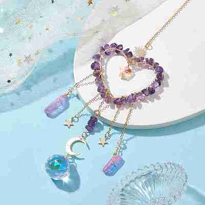 Natural Amethyst Chip Beads with Brass Findings Pendant Decorations HJEW-JM01814-02-1