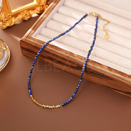 Faceted Round Natural Lapis Lazuli and Brass Beaded Necklaces WG14B70-01-1
