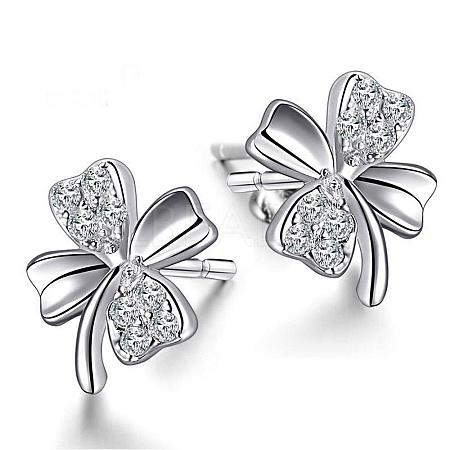 Real Platinum Plated Brass Four Leaf Clover Stud Earrings EJEW-EE0001-231-1