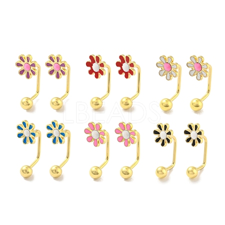 12 Pairs 6 Color 304 Stainless Steel Emanel Flower Curved Barbell Stud Earrings AJEW-C032-02G-1