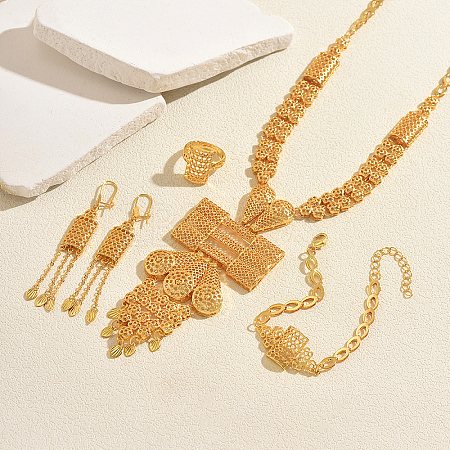 Vintage Alloy Rectangle Tassel Bracelets & Earrings & Necklaces & Rings Sets for Women GX1745-1