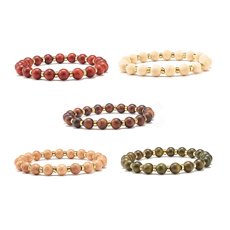 Natural Wood Round Beads Stretch Bracelet BJEW-JB07132-1