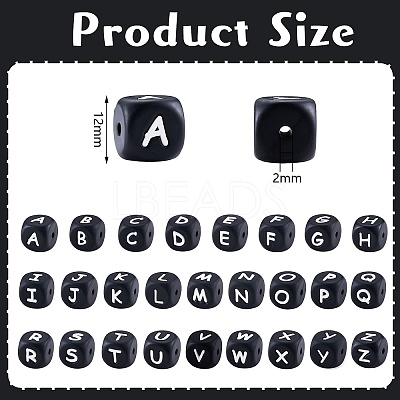 20Pcs Black Cube Letter Silicone Beads 12x12x12mm Square Dice Alphabet Beads with 2mm Hole Spacer Loose Letter Beads for Bracelet Necklace Jewelry Making JX433T-1