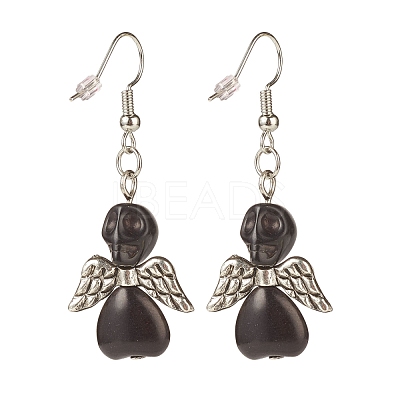 Synthetic Turquoise Skull with Wings Dangle Earrings EJEW-JE04944-03-1