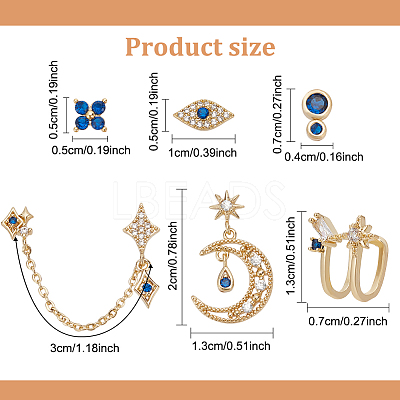 6Pcs 6 Style Flower & Square & Star & Moon Cubic Zirconia Stud Earrings EJEW-AN0003-31-1