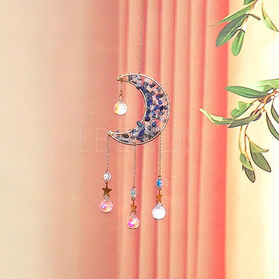Copper Wire Wrapped Natural Lapis Lazuli Chips Moon Suncatcher HJEW-H065-02G-01-1