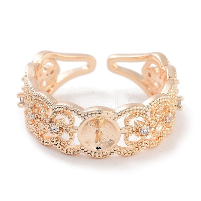 Rack Plating Heart Brass Micro Pave Cubic Zirconia Open Cuff Ring Settings KK-Z071-26KCG-1