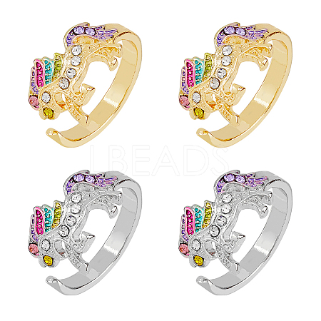 HOBBIESAY 4Pcs 2 Colors Unicorn Colorful Rhinestone Open Cuff Rings Set RJEW-HY0001-01-1