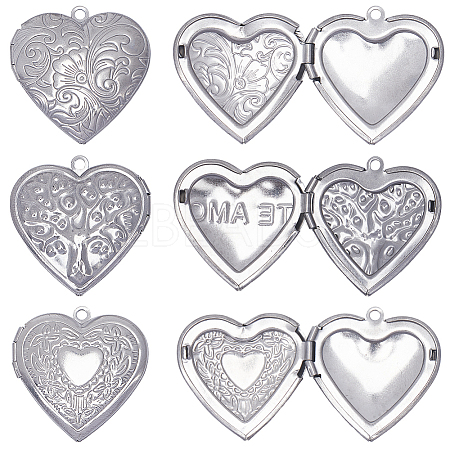 12Pcs 3 Styles 316 Stainless Steel Locket Pendants STAS-SC0007-55-1