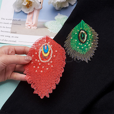 32Pcs 16 Style Peacock Feathers Polyester Embroidery Cloth Self Adhesive Patches DIY-PJ0001-26-1