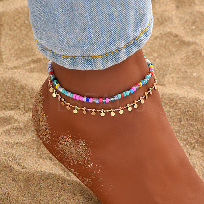 Bohemian Glass Seed Beaded Double Layer Stretch Anklets WGF45A4-04-1