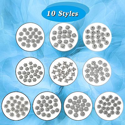 200Pcs 10 Styles Tibetan Style Alloy Bead Caps TIBE-CJ0001-22-1