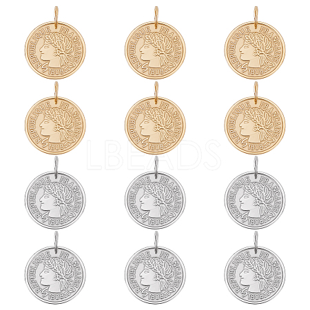 12Pcs 2 Colors 304 Stainless Steel Coin Pendants STAS-UN0064-48-1