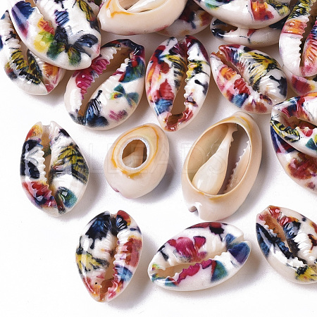 Printed Natural Cowrie Shell Beads X-SSHEL-R047-01-C05-1