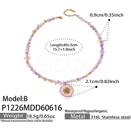 Resin Dried Flower Pendant Natural Amethyst Chip Beaded Necklaces for Women WG0DB7D-02-1