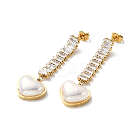Acrylic Pearl Heart Long Dangle Stud Earrings with Glass EJEW-P203-14G-1
