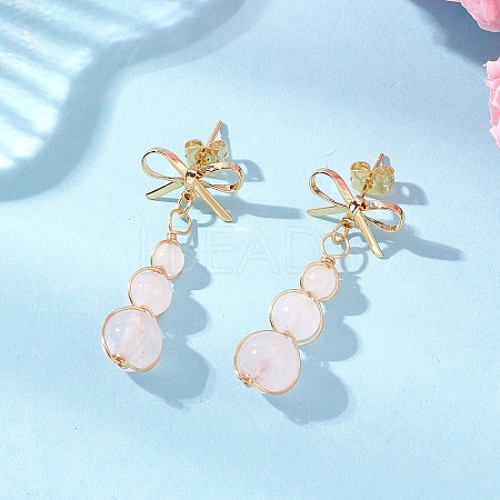 Natural Rose Quartz Bowknot with Round Dangle Stud Earrings EJEW-JE06780-01-1