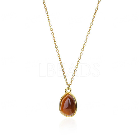 Natural Tiger Eye Irregular Oval Pendant 304 Stainless Steel Cable Chain Necklaces for Women FS-WGF500E-04-1