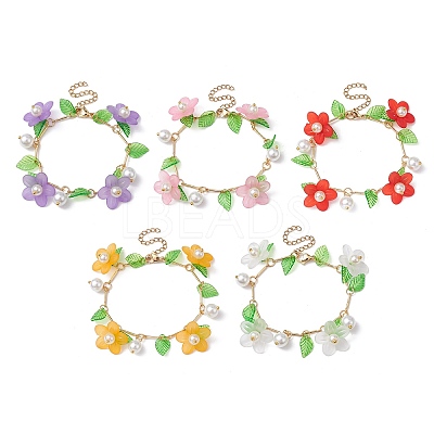 5Pcs 5 Color Flower Acrylic & Glass Pearl Charm Bracelets Set BJEW-JB10054-S-1