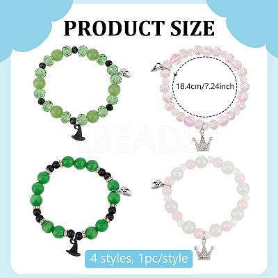 4Pcs 4 Styles Witch Hat Crown Alloy Charm Glass & Synthetic Moonstone & Cat Eye Beaded Stretch Bracelet Sets BJEW-PH01982-1