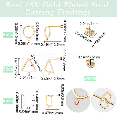 24Pcs 3 Style Square & Triangle & Ring Brass Stud Earring Findings KK-BBC0012-84-1