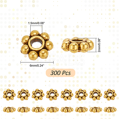 300Pcs Tibetan Style Alloy Beads Daisy Spacer Beads TIBEB-PH0005-05AG-1