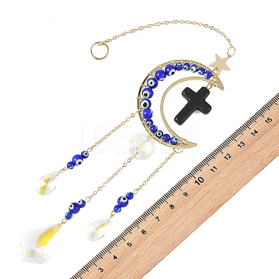 Cross Synthetic Turquoise & Brass Moon Suncatchers HJEW-JM05019-1