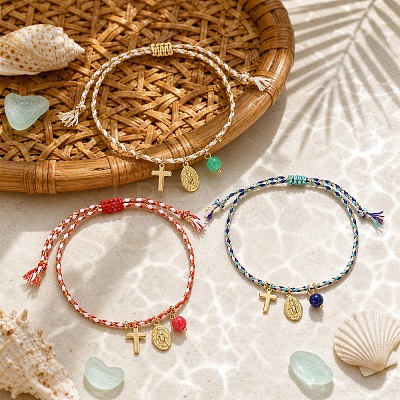 3Pcs 3 Colors Bohemian Brass Religon Cross Virgin Charm Bracelet Sets DS9557-3-1