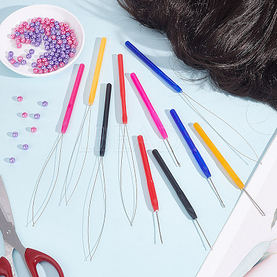10Pcs 10 Style Plastic Crochet Hooks & Stainless Steel Hair Extension Loop Needle Threader TOOL-UN0001-31-1
