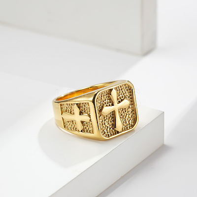 Square with Cross Pattern 304 Stainless Steel Finger Rings for Men FS-WGAC6B1-07-1