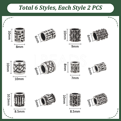 12Pcs 6 Styles Column 304 Stainless Steel European Beads STAS-UN0059-94-1