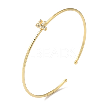 Rack Plating Brass Micro Pave Clear Cubic Zirconia Letter Open Cuff Bangles BJEW-A018-01G-F-1