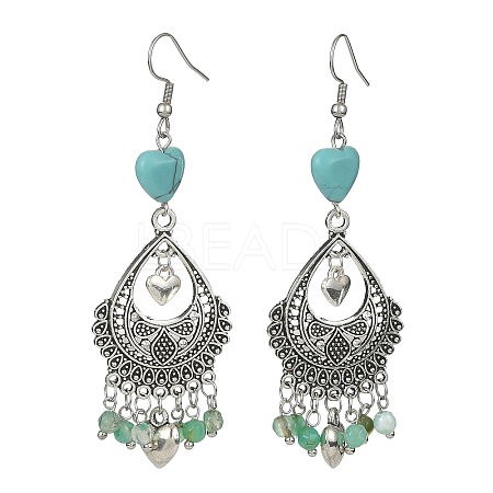 Natural Agate(Dyed) & Synthetic Turquoise Heart Chandelier Earrings EJEW-JE05364-03-1
