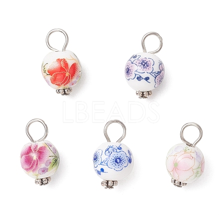 Handmade Flower Printed Porcelain Ceramic Pendants PALLOY-JF03928-01-1