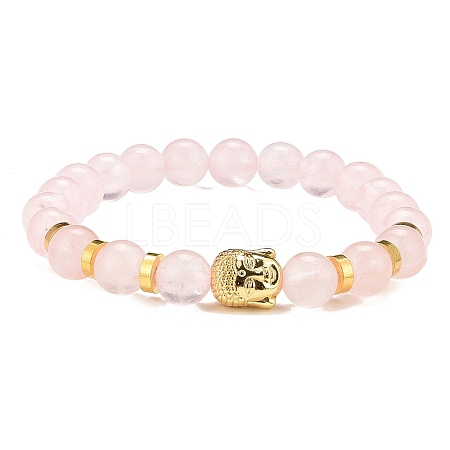 Natural Rose Quartz & Alloy Buddha Head Beaded Strech Bracelets BJEW-JB09420-03-1
