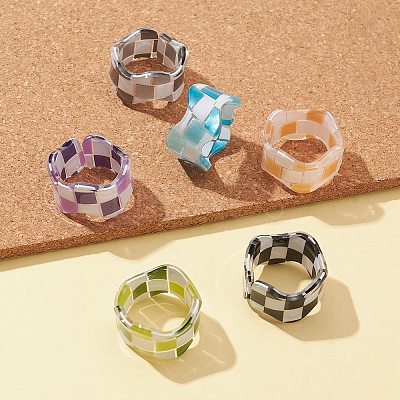Resin Tartan Pattern Cuff Ring RJEW-FS0001-06-1