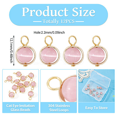 12Pcs Brass & Glass Imitation Cat Eye Round Charms PALLOY-TAC0237-04-1