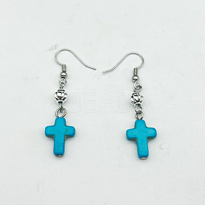 Cross Synthetic Turquoise & Alloy Dangle Earrings WG2299-23-1