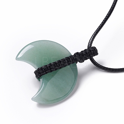 Adjustable Natural Green Aventurine Double Horn Pendant Necklace with Wax Cord for Women NJEW-B086-01G-1