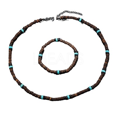 Bohemian Style Coconut Shell with Synthetic Turquoise Rondelle Beaded Necklaces & Bracelets Sets FS-WG8D889-05-1